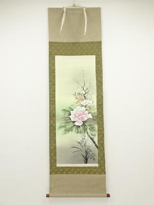 草風筆　四季草花　肉筆絹本掛軸（共箱）